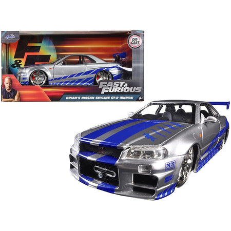 Brian's Nissan GTR Skyline R34 RHD (Right Hand Drive) Silver with Blue Stripes "Fast & Furious" Movie 1/24 Diecast Model Car by Jada - Jada - ModelCars.com