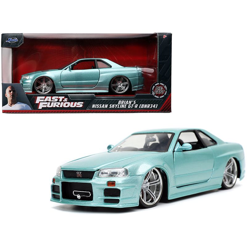 Brian's Nissan Skyline GT-R (BNR34) RHD (Right Hand Drive) Turquoise Metallic "Fast & Furious" Movie 1/24 Diecast Model Car by Jada-Jada-ModelCars.com