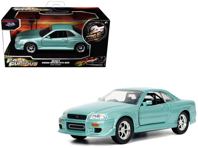 Brian's Nissan Skyline GT-R (BNR34) RHD (Right Hand Drive) Turquoise Metallic "Fast & Furious" Movie 1/32 Diecast Model Car by Jada-Jada-ModelCars.com