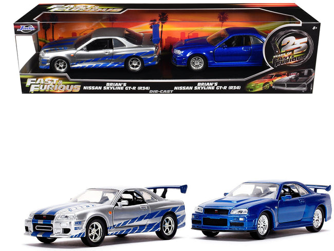 Brian's Nissan Skyline GT-R (BNR34) Silver with Blue Stripes and Nissan GT-R (BNR34) Blue Metallic Set of 2 pieces "25 Years of Fast & Furious" Series 1/32 Diecast Model Cars by Jada-Jada-ModelCars.com