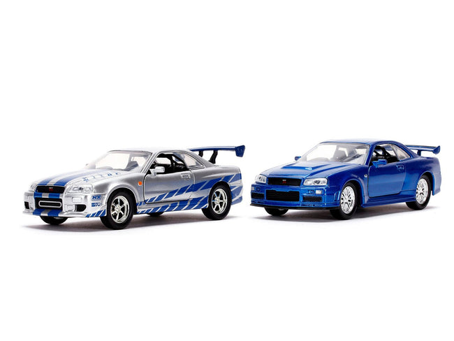 Brian's Nissan Skyline GT-R (BNR34) Silver with Blue Stripes and Nissan GT-R (BNR34) Blue Metallic Set of 2 pieces "25 Years of Fast & Furious" Series 1/32 Diecast Model Cars by Jada-Jada-ModelCars.com