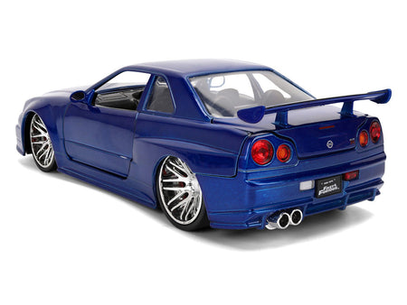 Brian's Nissan Skyline GT-R (R34) RHD (Right Hand Drive) Blue Color Brush Finish 25 Years of Fast & Furious Anniversary "2 Fast 2 Furious" (2003) Movie "Fast & Furious" 1/24 Diecast Model Car by Jada-Jada-ModelCars.com