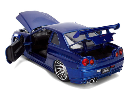 Brian's Nissan Skyline GT-R (R34) RHD (Right Hand Drive) Blue Color Brush Finish 25 Years of Fast & Furious Anniversary "2 Fast 2 Furious" (2003) Movie "Fast & Furious" 1/24 Diecast Model Car by Jada-Jada-ModelCars.com