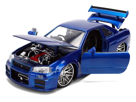Brian's Nissan Skyline GT-R (R34) RHD (Right Hand Drive) Blue Color Brush Finish 25 Years of Fast & Furious Anniversary "2 Fast 2 Furious" (2003) Movie "Fast & Furious" 1/24 Diecast Model Car by Jada-Jada-ModelCars.com