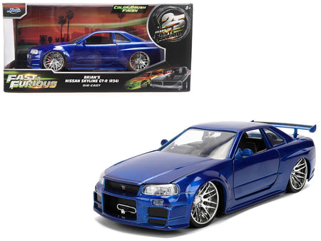 Brian's Nissan Skyline GT-R (R34) RHD (Right Hand Drive) Blue Color Brush Finish 25 Years of Fast & Furious Anniversary "2 Fast 2 Furious" (2003) Movie "Fast & Furious" 1/24 Diecast Model Car by Jada-Jada-ModelCars.com