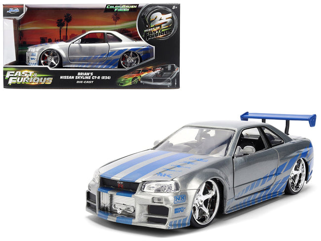 Brian's Nissan Skyline GT-R (R34) RHD (Right Hand Drive) Brush Finish "2 Fast 2 Furious" (2003) Movie 25 Years of Fast & Furious Anniversary 1/24 by Jada-Jada-ModelCars.com