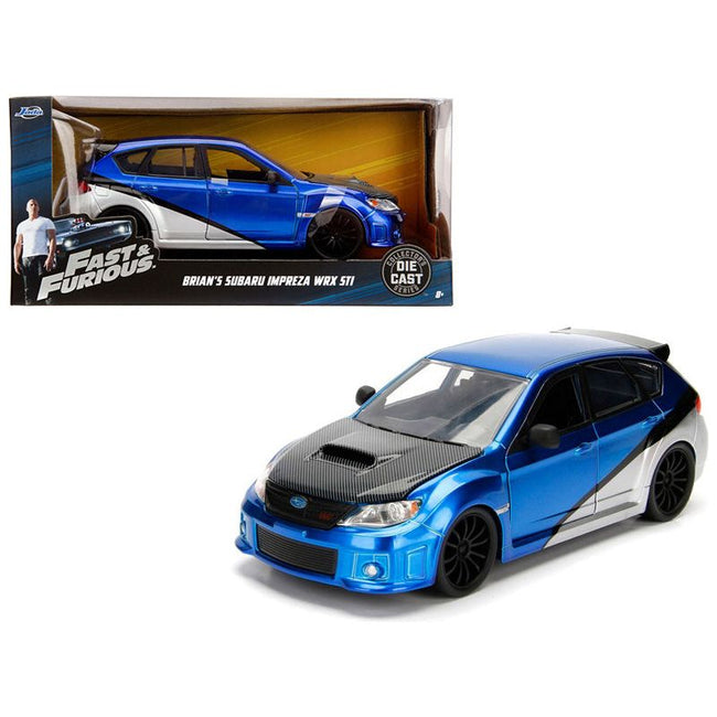 Brian's Subaru Impreza WRX STI Blue and Silver with Carbon Hood "Fast & Furious" Movie 1/24 Diecast Model Car by Jada-Jada-ModelCars.com