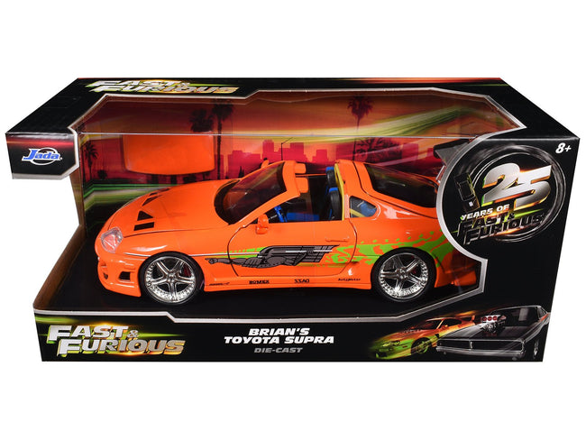 Brian's Toyota Supra Orange with Graphics "Fast & Furious 25th Anniversary" Series 1/24 Diecast Model Car by Jada-Jada-ModelCars.com