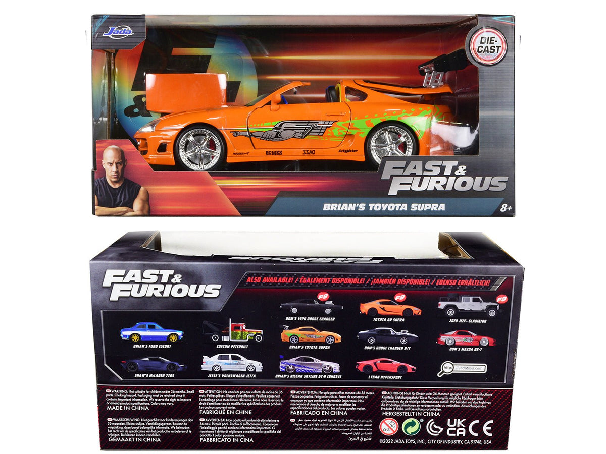 Brian's Toyota Supra Orange with Graphics "Fast & Furious" Movie 1/24 Diecast Model Car by Jada-Jada-ModelCars.com