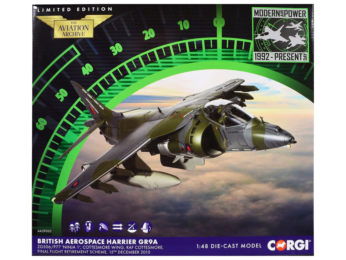 British Aerospace Harrier GR9A Aircraft "ZG506/P77 Ninja 1 RAF Cottesmore Final Flight Retirement Scheme" (2010) Royal Air Force "The Aviation Archive" Series 1/48 Diecast Model by Corgi-Corgi-ModelCars.com