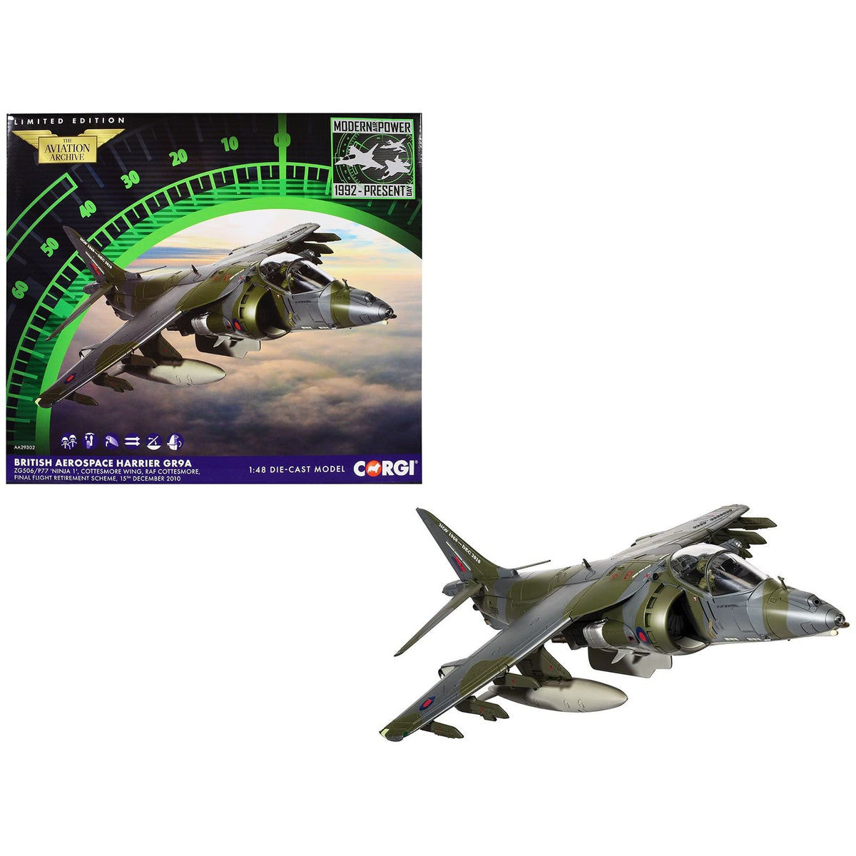 British Aerospace Harrier GR9A Aircraft "ZG506/P77 Ninja 1 RAF Cottesmore Final Flight Retirement Scheme" (2010) Royal Air Force "The Aviation Archive" Series 1/48 Diecast Model by Corgi-Corgi-ModelCars.com