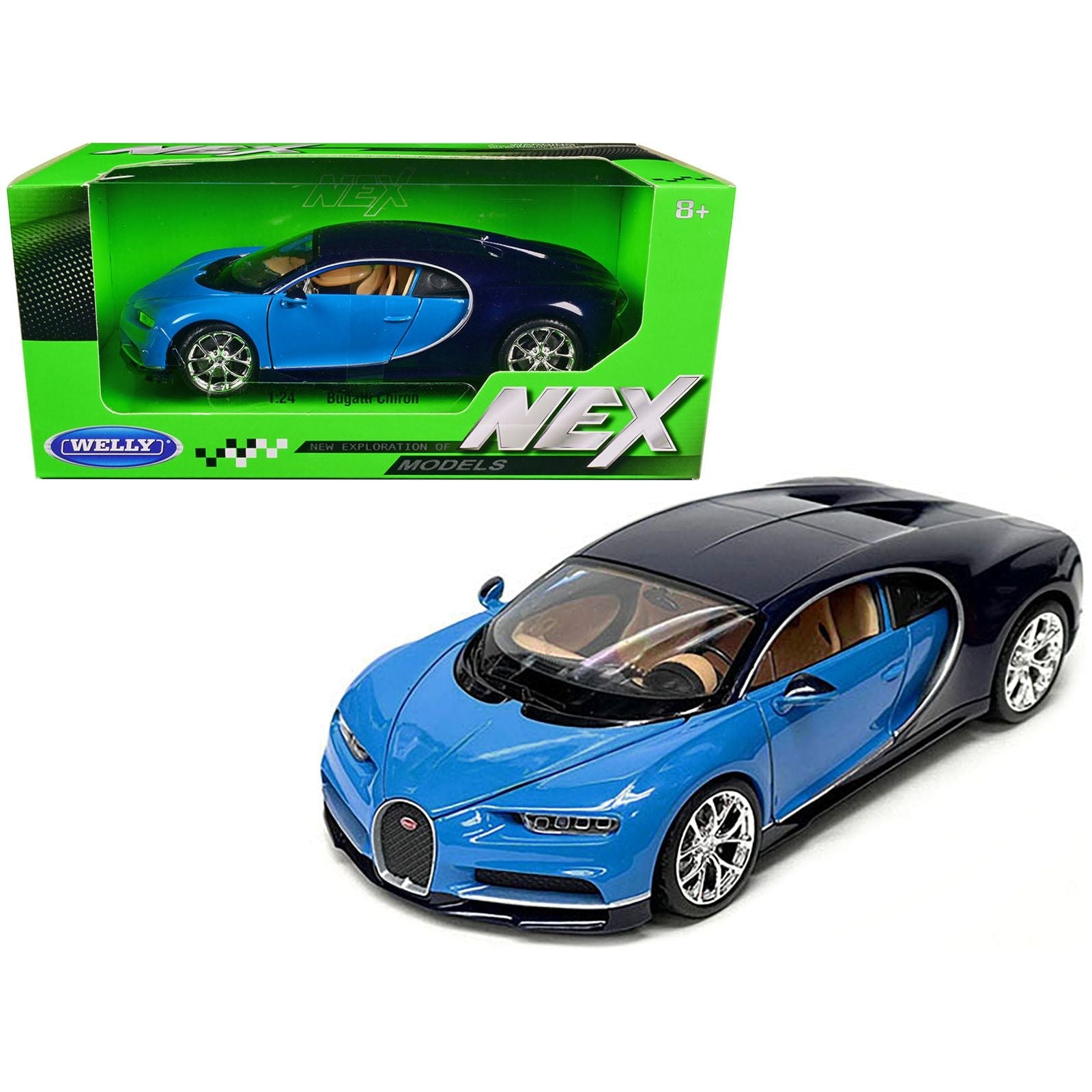 Bugatti Chiron Blue and Dark Blue Two - Tone "NEX Models" Series 1/24 Diecast Model Car by Welly - Welly - ModelCars.com