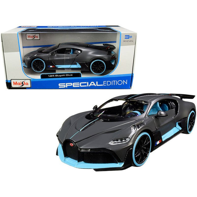 Bugatti Divo Satin Charcoal Gray with Carbon and Blue Accents "Special Edition" 1/24 Diecast Model Car by Maisto - Maisto - ModelCars.com