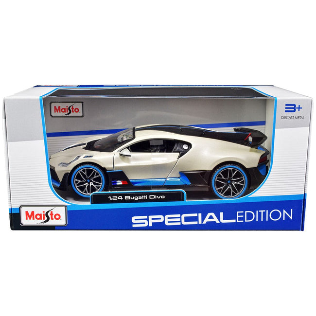 Bugatti Divo Satin White Metallic with Carbon and Blue Accents "Special Edition" 1/24 Diecast Model Car by Maisto - Maisto - ModelCars.com