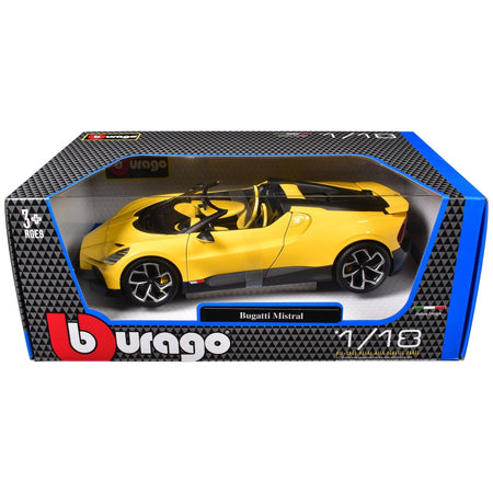 Bugatti Mistral Yellow with Carbon Accents 1/18 Diecast Model Car by Bburago-Bburago-ModelCars.com