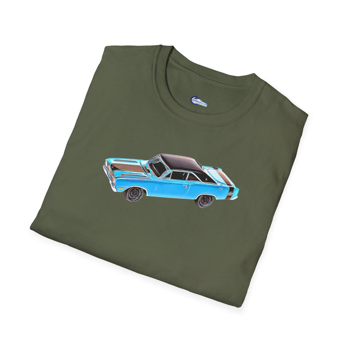 Cartoon Art 1969 Dodge Dart GTS 340 Blue with Black Top and Stripes "Goodyear Blue Streak" Inspired T-Shirt - American Muscle-Modelcars.com-ModelCars.com