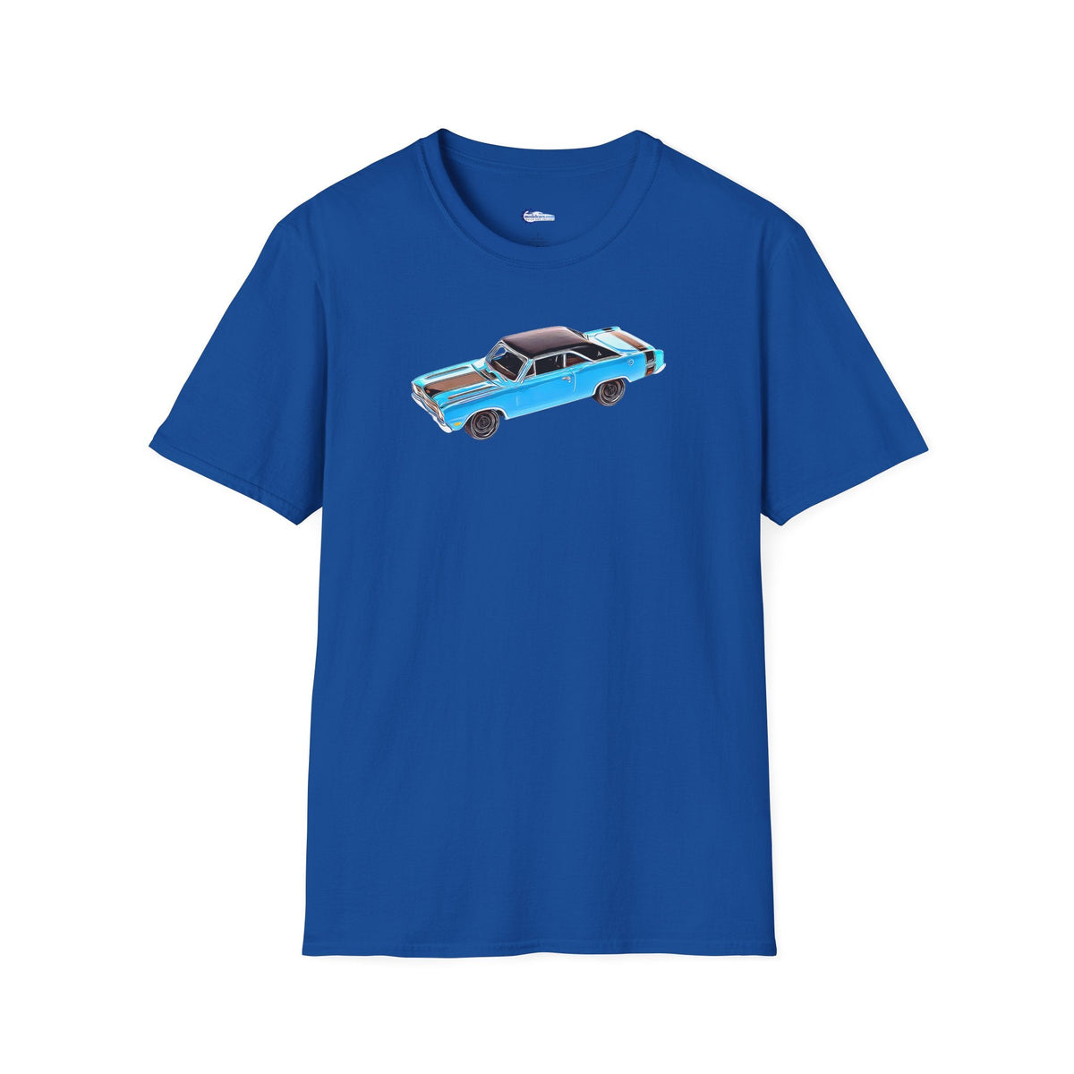 Cartoon Art 1969 Dodge Dart GTS 340 Blue with Black Top and Stripes "Goodyear Blue Streak" Inspired T-Shirt - American Muscle-Modelcars.com-ModelCars.com