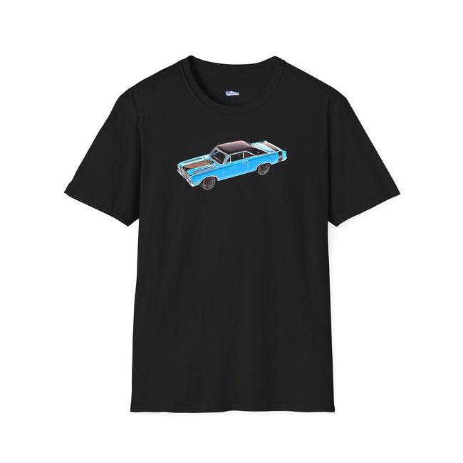 Cartoon Art 1969 Dodge Dart GTS 340 Blue with Black Top and Stripes "Goodyear Blue Streak" Inspired T-Shirt - American Muscle-Modelcars.com-ModelCars.com