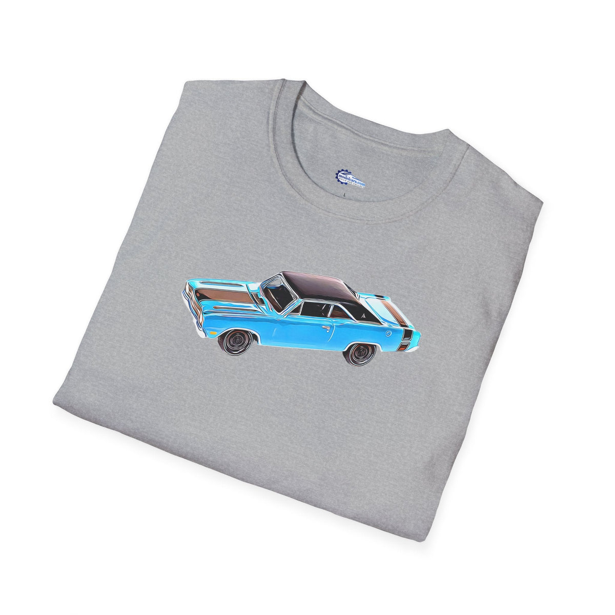 Cartoon Art 1969 Dodge Dart GTS 340 Blue with Black Top and Stripes "Goodyear Blue Streak" Inspired T-Shirt - American Muscle-Modelcars.com-ModelCars.com
