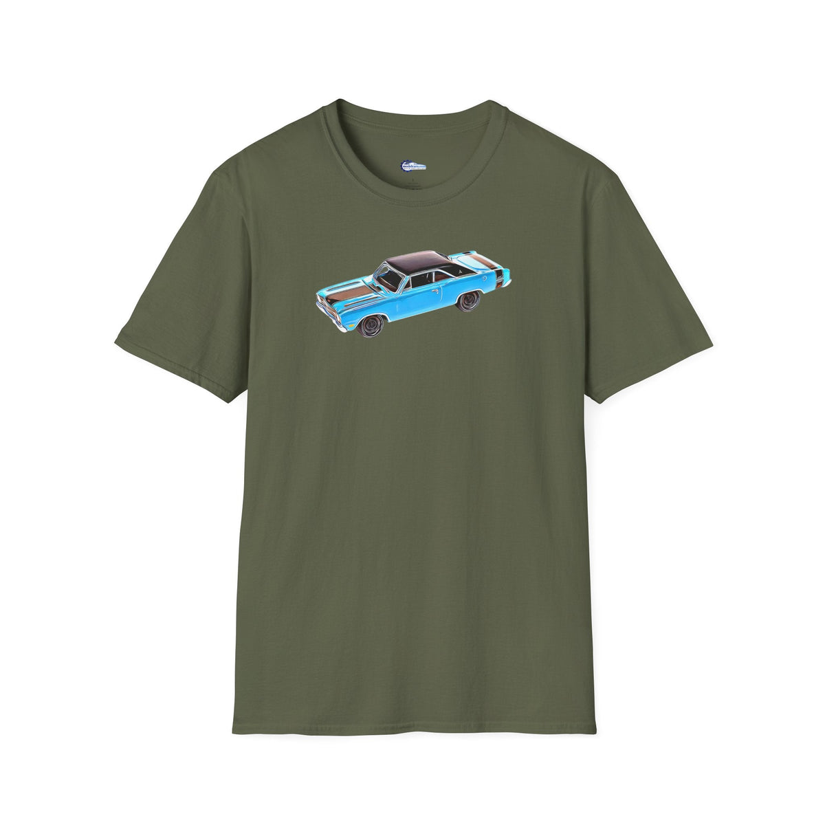 Cartoon Art 1969 Dodge Dart GTS 340 Blue with Black Top and Stripes "Goodyear Blue Streak" Inspired T-Shirt - American Muscle-Modelcars.com-ModelCars.com