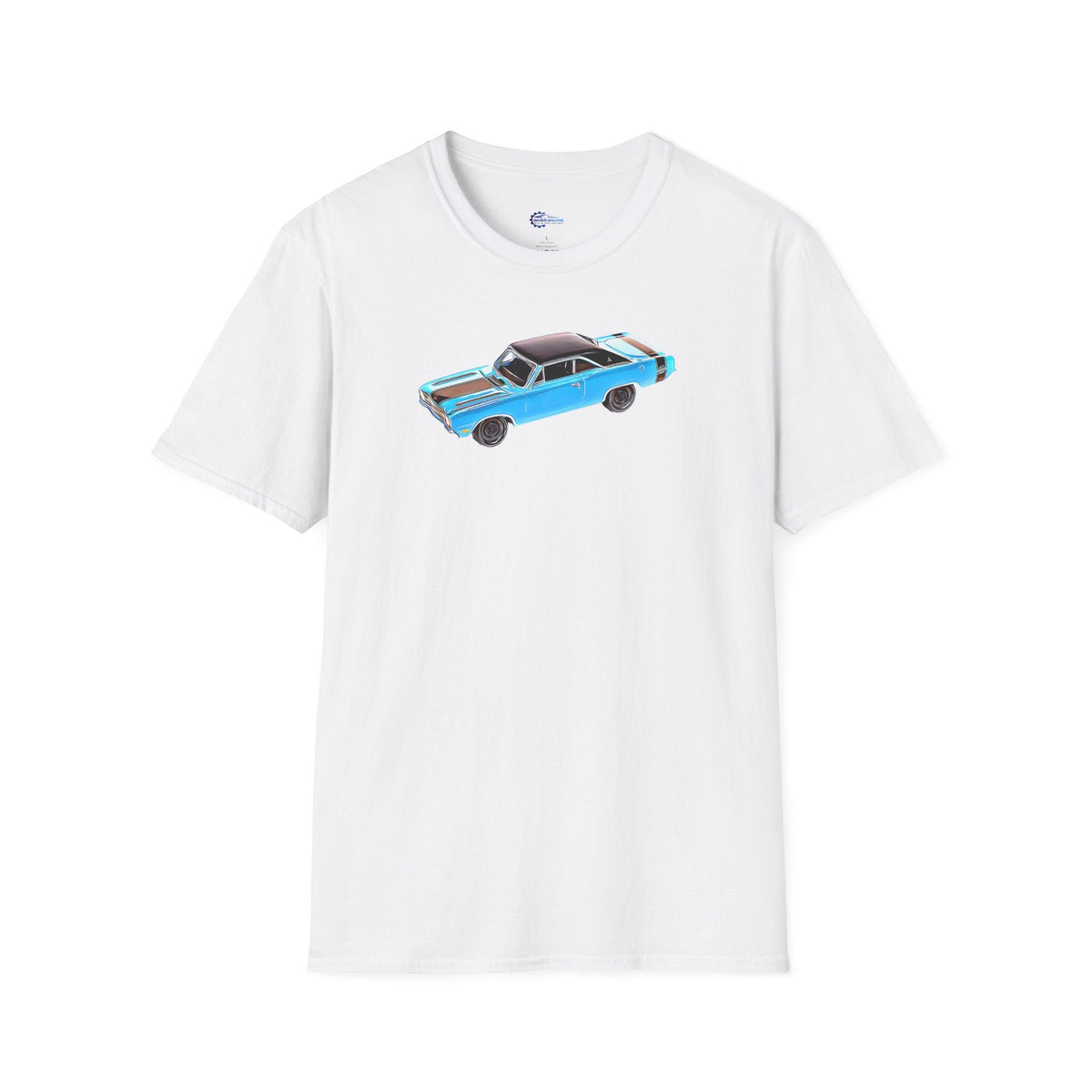 Cartoon Art 1969 Dodge Dart GTS 340 Blue with Black Top and Stripes "Goodyear Blue Streak" Inspired T-Shirt - American Muscle-Modelcars.com-ModelCars.com