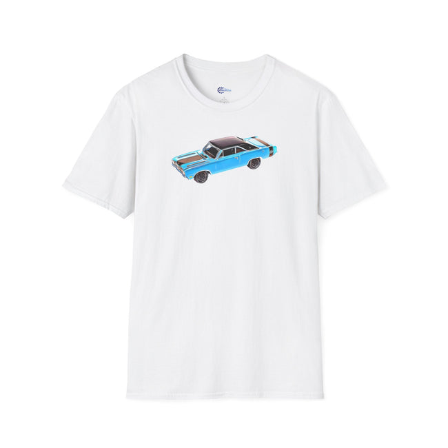Cartoon Art 1969 Dodge Dart GTS 340 Blue with Black Top and Stripes "Goodyear Blue Streak" Inspired T-Shirt - American Muscle-Modelcars.com-ModelCars.com