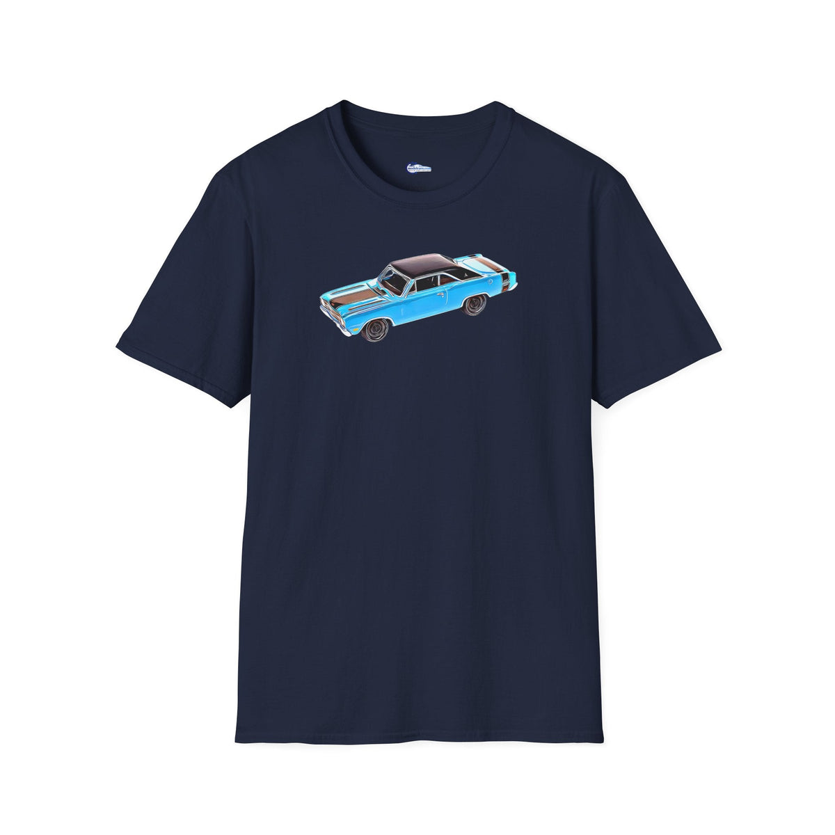 Cartoon Art 1969 Dodge Dart GTS 340 Blue with Black Top and Stripes "Goodyear Blue Streak" Inspired T-Shirt - American Muscle-Modelcars.com-ModelCars.com