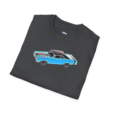 Cartoon Art 1969 Dodge Dart GTS 340 Blue with Black Top and Stripes "Goodyear Blue Streak" Inspired T-Shirt - American Muscle-Modelcars.com-ModelCars.com