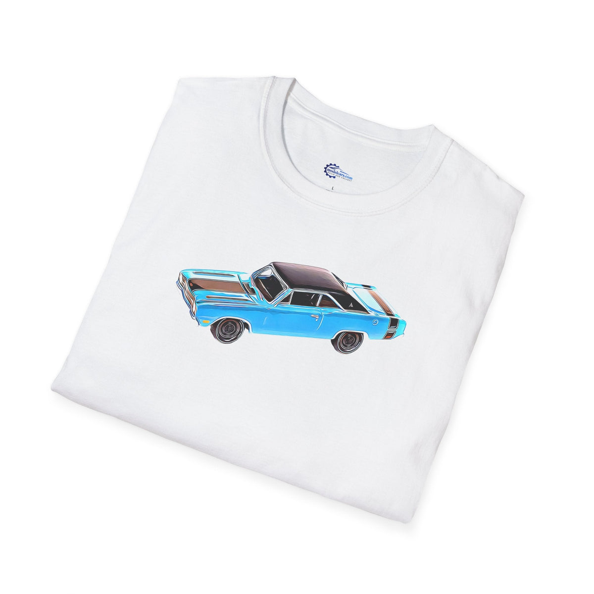 Cartoon Art 1969 Dodge Dart GTS 340 Blue with Black Top and Stripes "Goodyear Blue Streak" Inspired T-Shirt - American Muscle-Modelcars.com-ModelCars.com