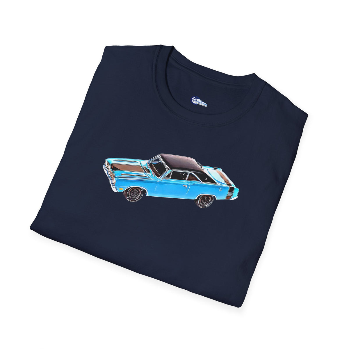 Cartoon Art 1969 Dodge Dart GTS 340 Blue with Black Top and Stripes "Goodyear Blue Streak" Inspired T-Shirt - American Muscle-Modelcars.com-ModelCars.com