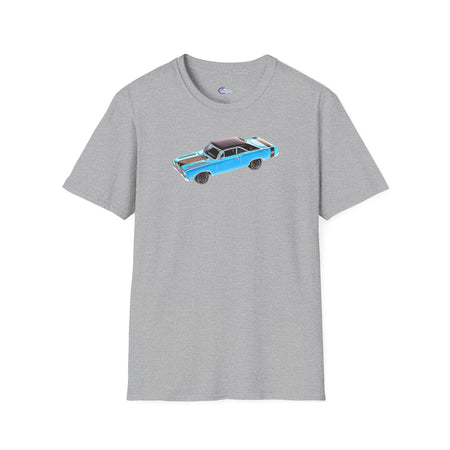 Cartoon Art 1969 Dodge Dart GTS 340 Blue with Black Top and Stripes "Goodyear Blue Streak" Inspired T-Shirt - American Muscle-Modelcars.com-ModelCars.com