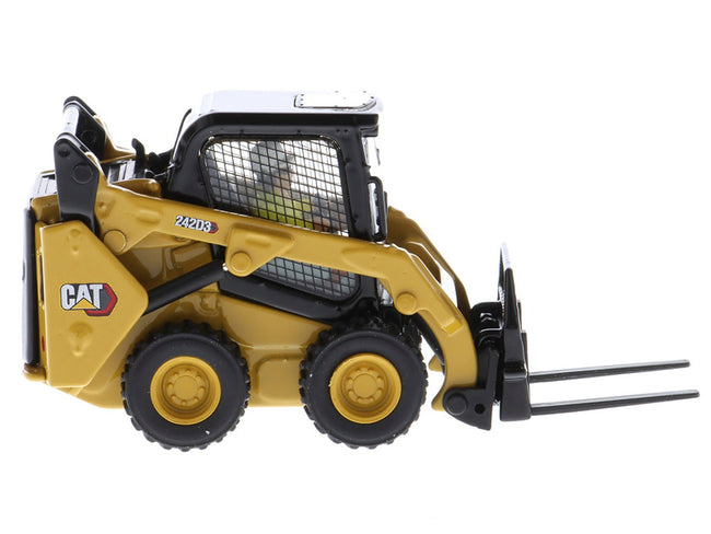CAT Caterpillar 242D3 Wheeled Skid Steer Loader with Work Tools and Operator Yellow "High Line Series" 1/50 Diecast Model by Diecast Masters-Diecast Masters-ModelCars.com