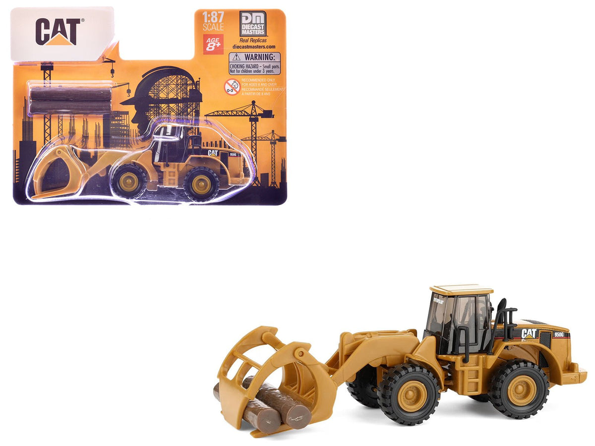 CAT Caterpillar 950G Wheel Loader Yellow with Log Fork and Wood Log Accessories 1/87 (HO) Diecast Model by Diecast Masters-Diecast Masters-ModelCars.com