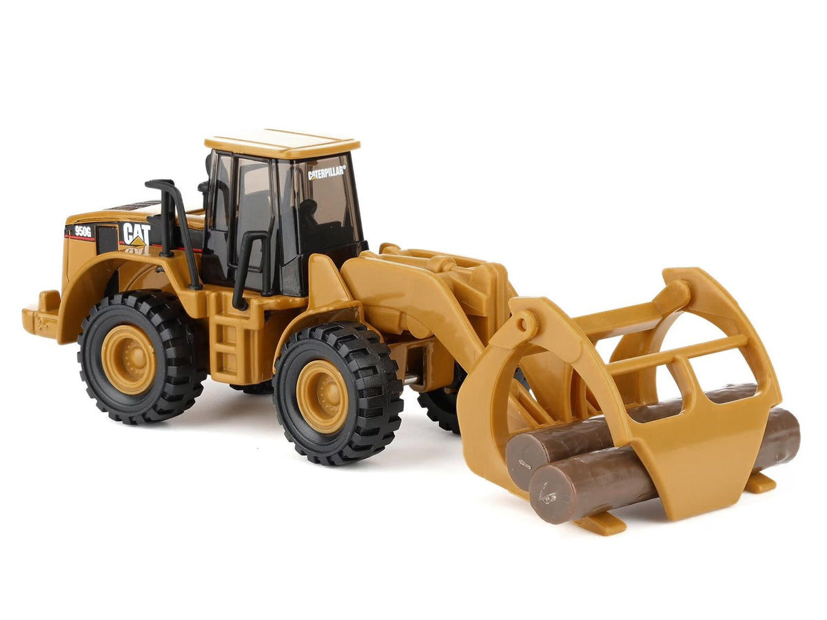 CAT Caterpillar 950G Wheel Loader Yellow with Log Fork and Wood Log Accessories 1/87 (HO) Diecast Model by Diecast Masters-Diecast Masters-ModelCars.com