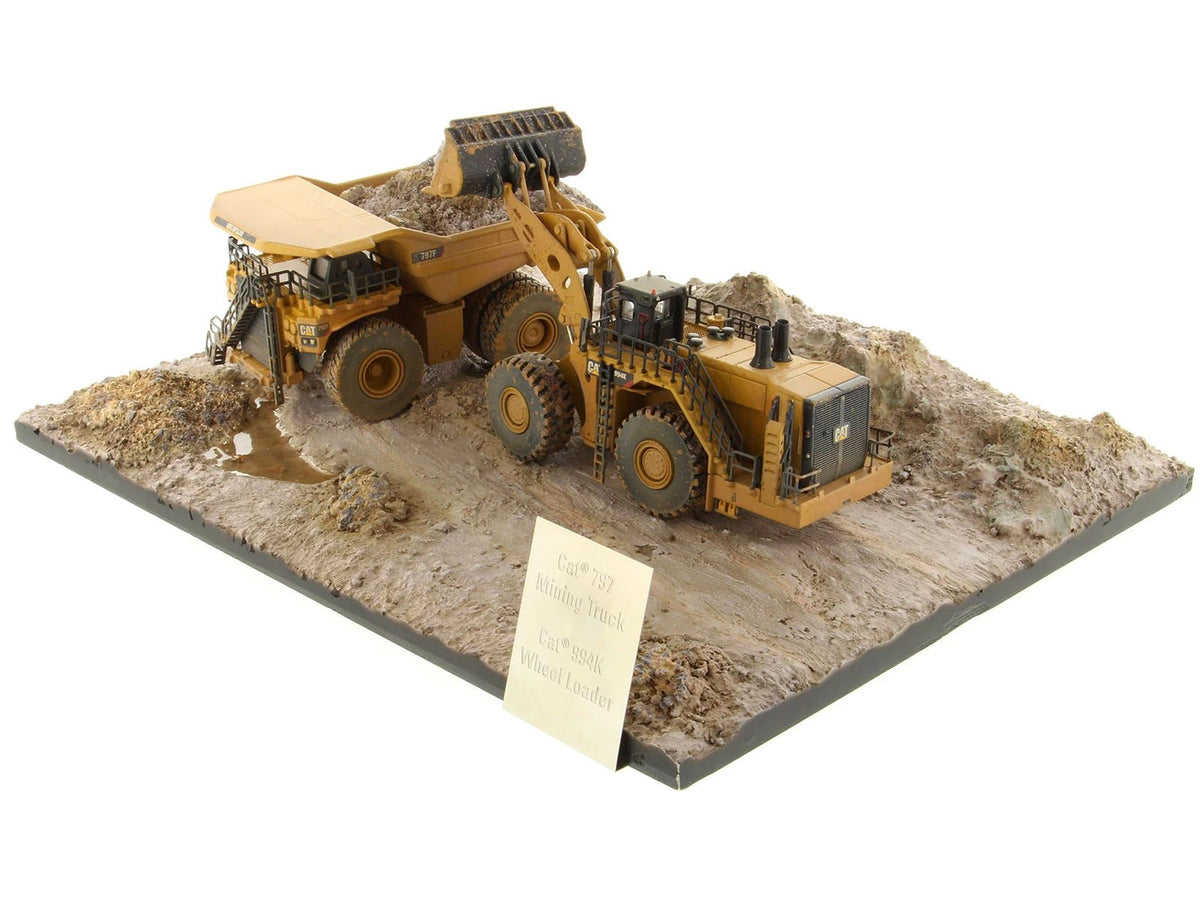 CAT Caterpillar 994K Wheel Loader and 797 Mining Truck Yellow (Weathered) Set of 2 Pieces "Weathered Series" 1/125 Diecast Model by Diecast Masters-Diecast Masters-ModelCars.com