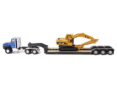 CAT Caterpillar CT660 Day Cab Tractor Blue Metallic with Lowboy Trailer and CAT 315C L Hydraulic Excavator Yellow 1/87 (HO) Diecast Model by Diecast Masters-Diecast Masters-ModelCars.com