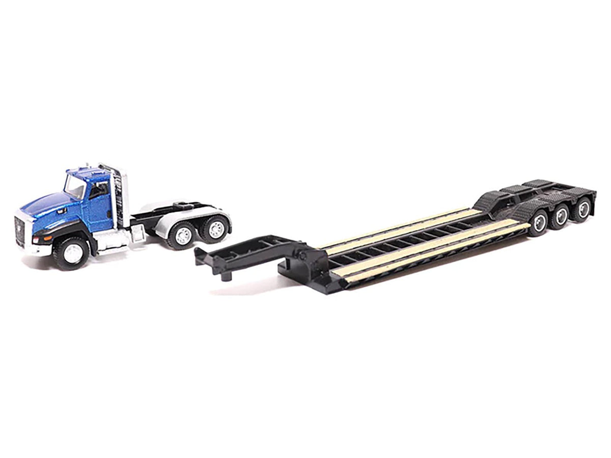 CAT Caterpillar CT660 Day Cab Tractor Blue Metallic with Lowboy Trailer and CAT 315C L Hydraulic Excavator Yellow 1/87 (HO) Diecast Model by Diecast Masters-Diecast Masters-ModelCars.com
