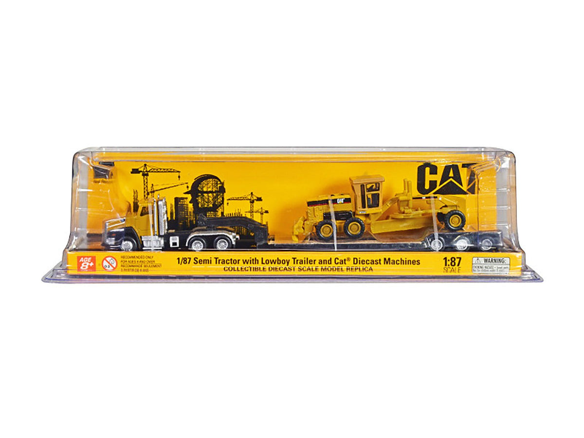 CAT Caterpillar CT660 Day Cab Tractor Yellow with Lowboy Trailer and CAT 163H Motor Grader Yellow 1/87 (HO) Diecast Model by Diecast Masters-Diecast Masters-ModelCars.com