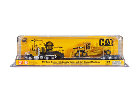 CAT Caterpillar CT660 Day Cab Tractor Yellow with Lowboy Trailer and CAT 163H Motor Grader Yellow 1/87 (HO) Diecast Model by Diecast Masters-Diecast Masters-ModelCars.com