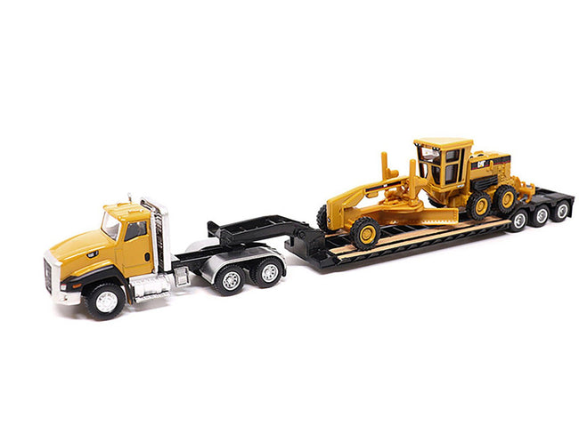 CAT Caterpillar CT660 Day Cab Tractor Yellow with Lowboy Trailer and CAT 163H Motor Grader Yellow 1/87 (HO) Diecast Model by Diecast Masters-Diecast Masters-ModelCars.com