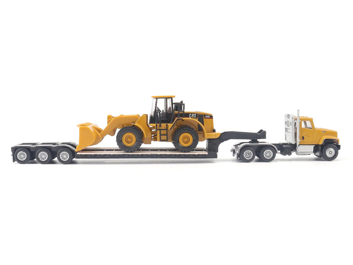 CAT Caterpillar CT681 Day Cab Tractor Yellow with Lowboy Trailer and CAT 950G Wheel Loader Yellow 1/87 (HO) Diecast Model by Diecast Masters-Diecast Masters-ModelCars.com