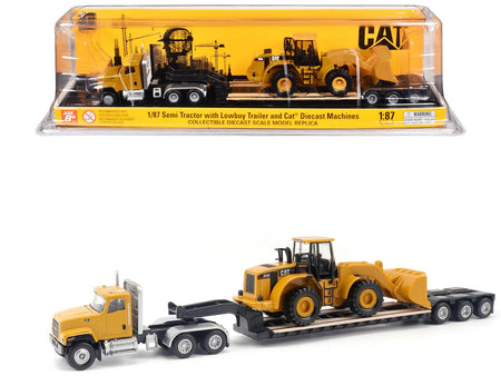 CAT Caterpillar CT681 Day Cab Tractor Yellow with Lowboy Trailer and CAT 950G Wheel Loader Yellow 1/87 (HO) Diecast Model by Diecast Masters-Diecast Masters-ModelCars.com