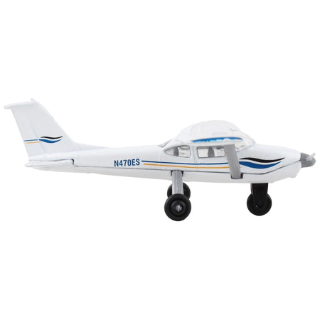 Cessna 172 Aircraft White with Blue and Yellow Stripes "N470ES" with Runway 24 Sign Diecast Model Airplane by Runway24 - Runway24 - ModelCars.com