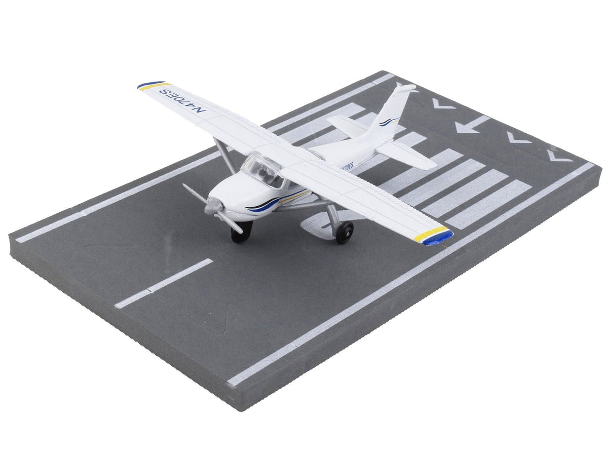 Cessna 172 Aircraft White with Blue and Yellow Stripes "N470ES" with Runway Section Diecast Model Airplane by Runway24-Runway24-ModelCars.com