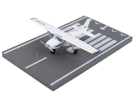 Cessna 172 Aircraft White with Blue and Yellow Stripes "N470ES" with Runway Section Diecast Model Airplane by Runway24-Runway24-ModelCars.com