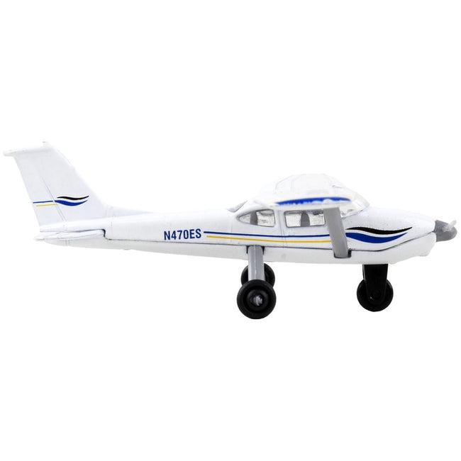 Cessna 172 Aircraft White with Blue and Yellow Stripes "N470ES" with Runway Section Diecast Model Airplane by Runway24-Runway24-ModelCars.com