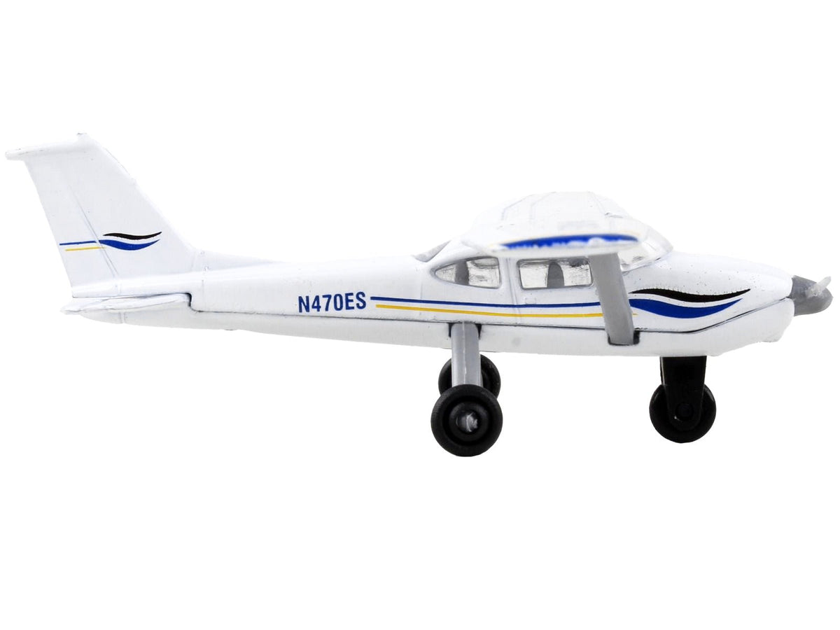 Cessna 172 Aircraft White with Blue and Yellow Stripes "N470ES" with Runway Section Diecast Model Airplane by Runway24-Runway24-ModelCars.com