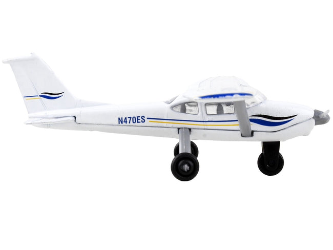 Cessna 172 Aircraft White with Blue and Yellow Stripes "N470ES" with Runway Section Diecast Model Airplane by Runway24-Runway24-ModelCars.com
