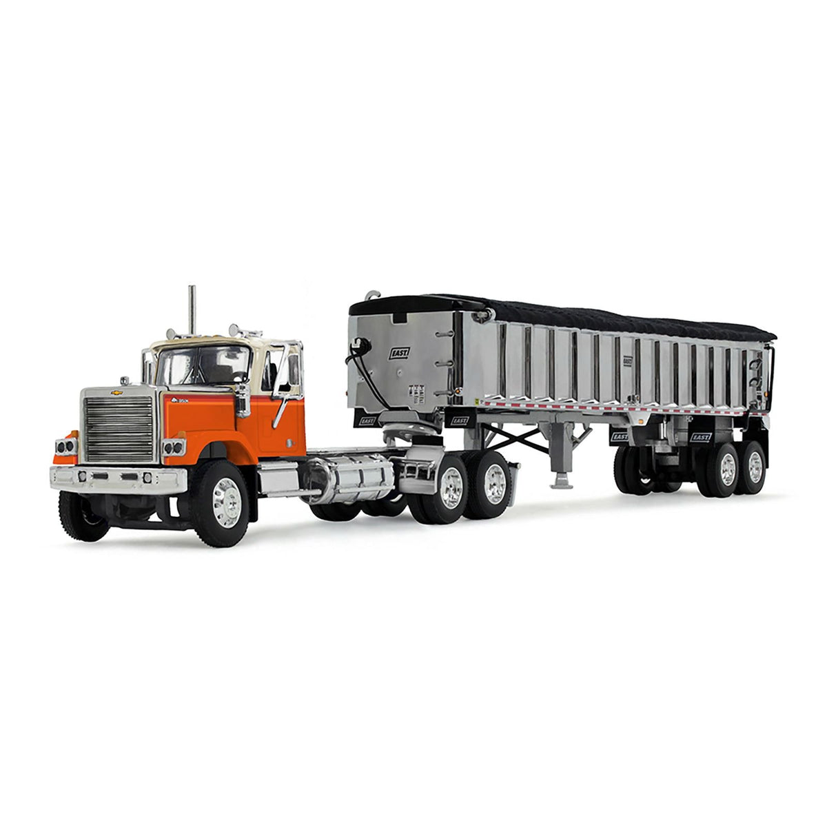 Chevrolet Bison Day Cab with East End Dump Trailer Orange and Beige 1/64 Diecast Model by DCP/First Gear-First Gear-ModelCars.com