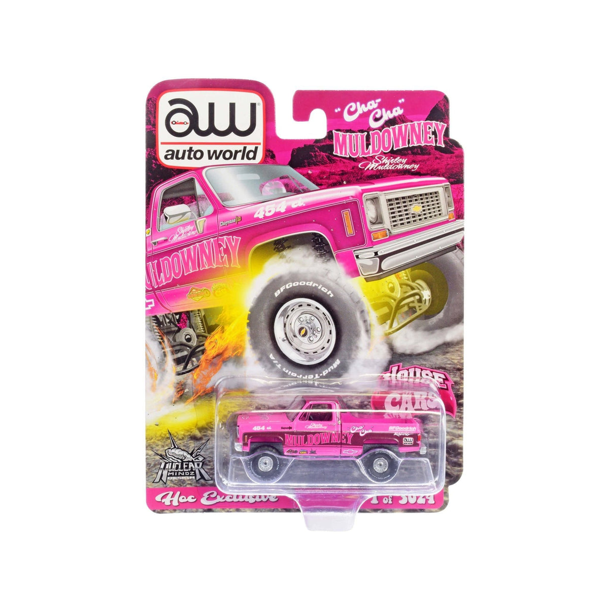 Chevrolet Cheyenne 10 Pickup Truck Pink with Graphics "Cha Cha" Shirley Muldowney "Las Vegas Diecast Super Convention" (2022) Limited Edition to 3024 pieces Worldwide 1/64 Diecast Model Car by Auto World-Autoworld-ModelCars.com